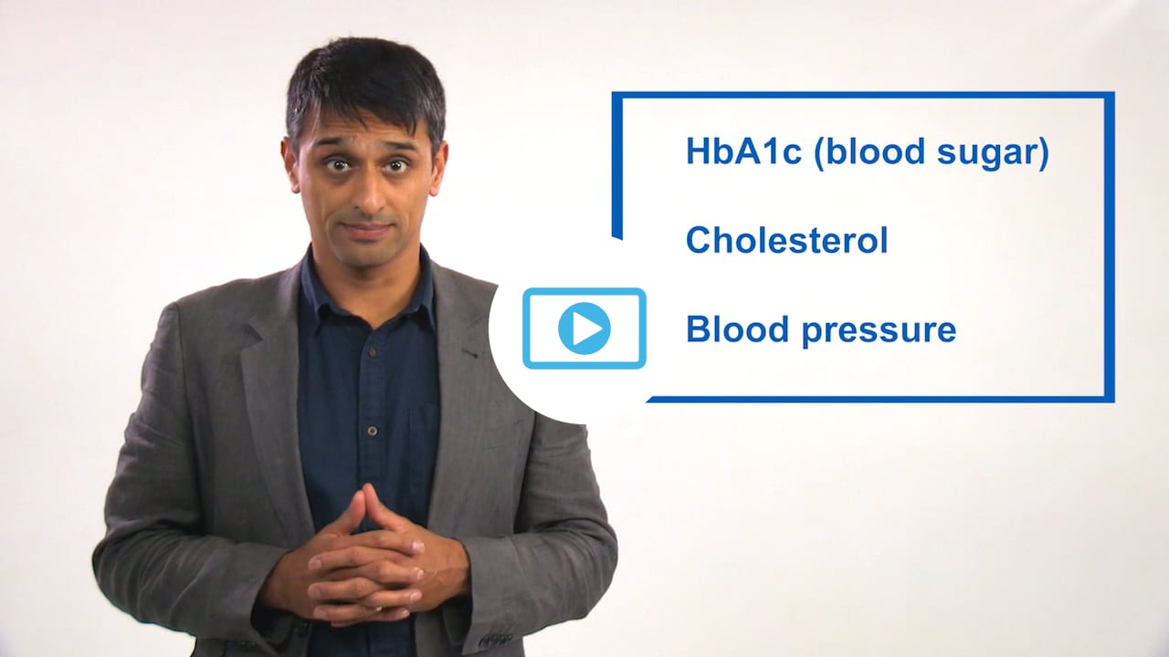 Video still man with HbA1c, cholesterol and blood pressure