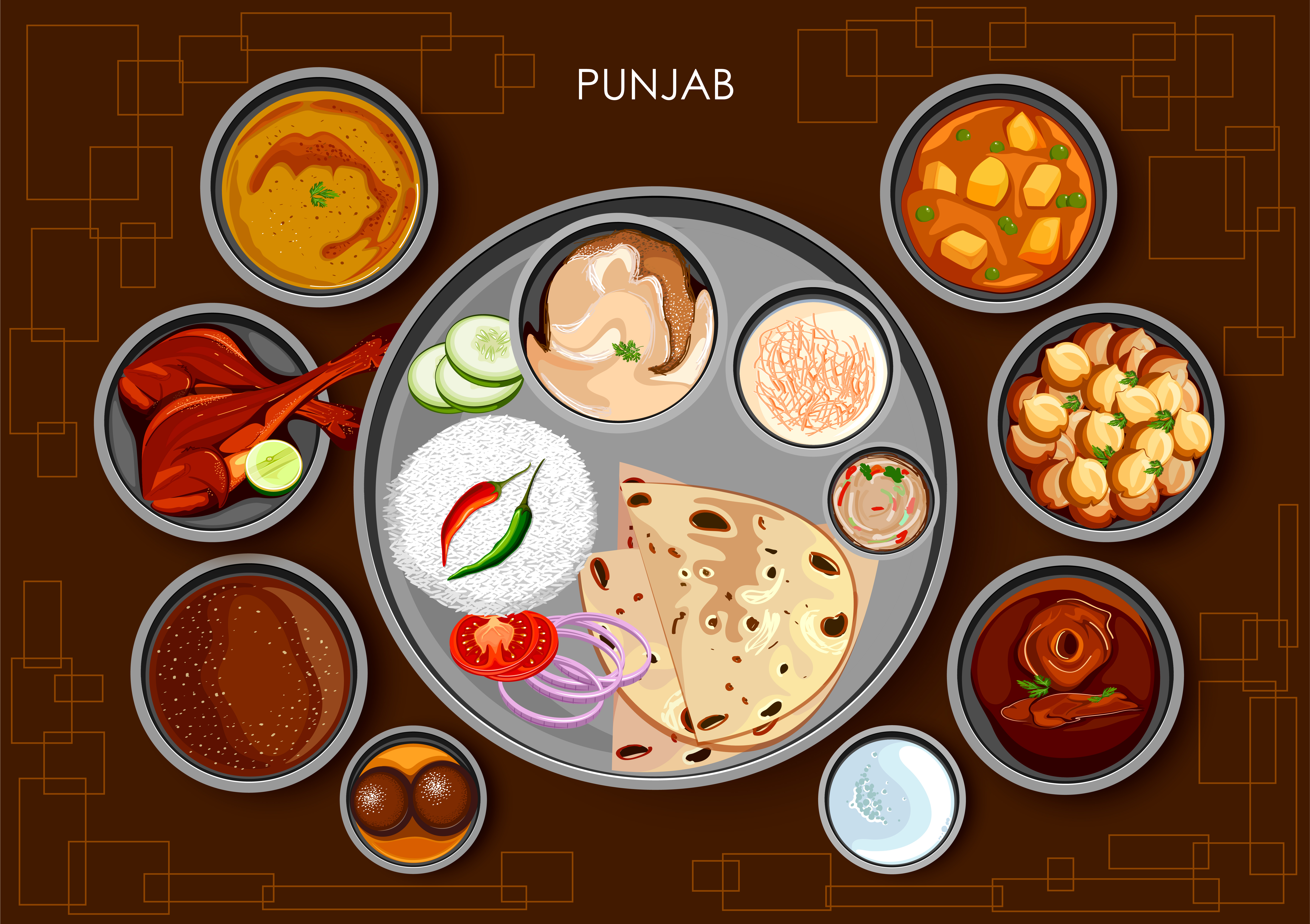 illustration of Traditional Punjabi cuisine and food meal thali of Punjab India 