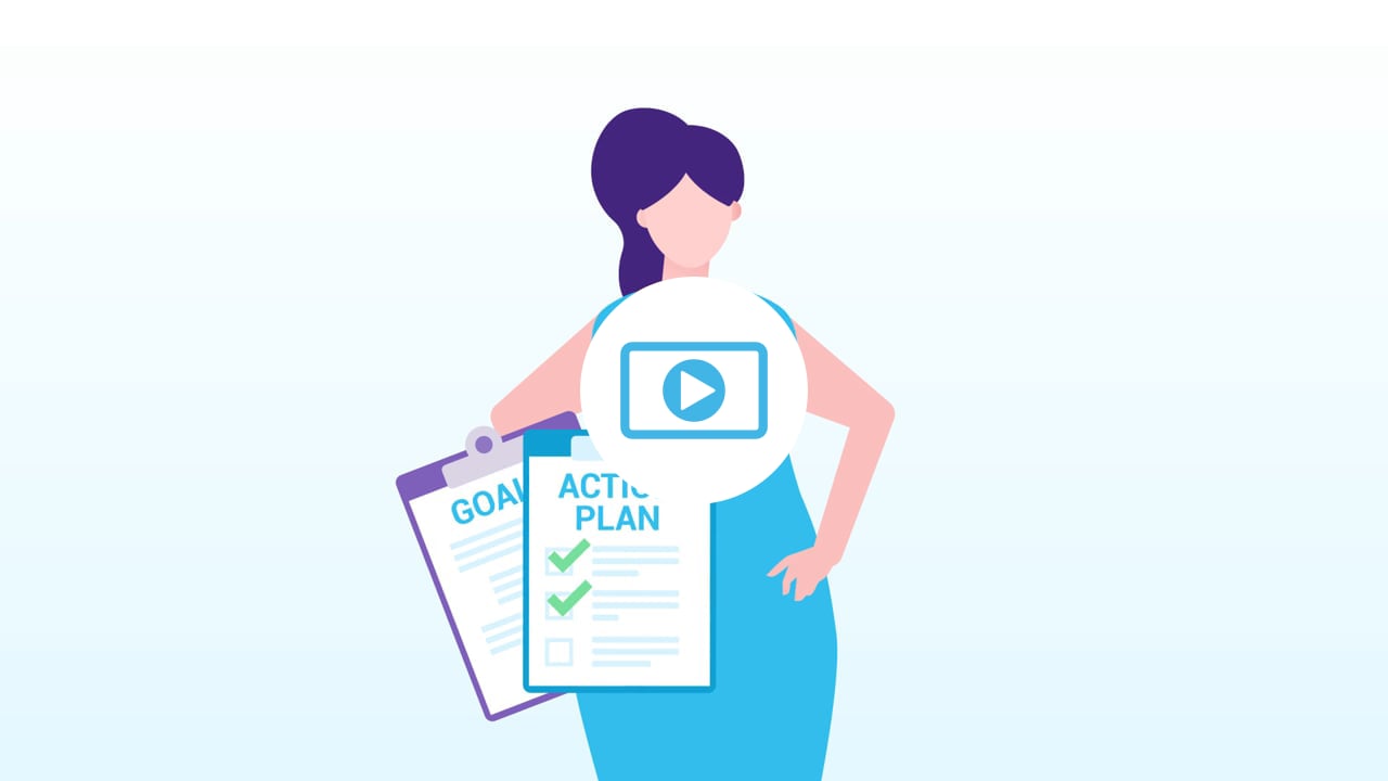 Icon of woman with action plan on clipboard