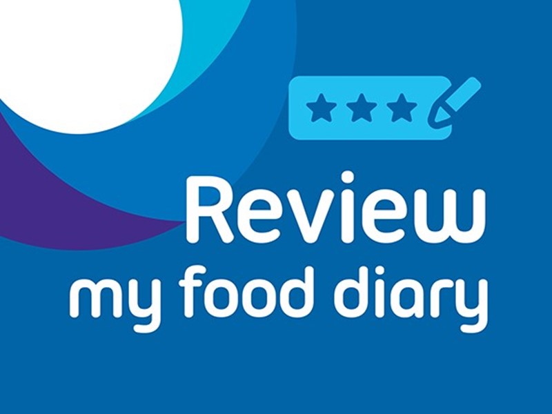 Food diary review written on blue background